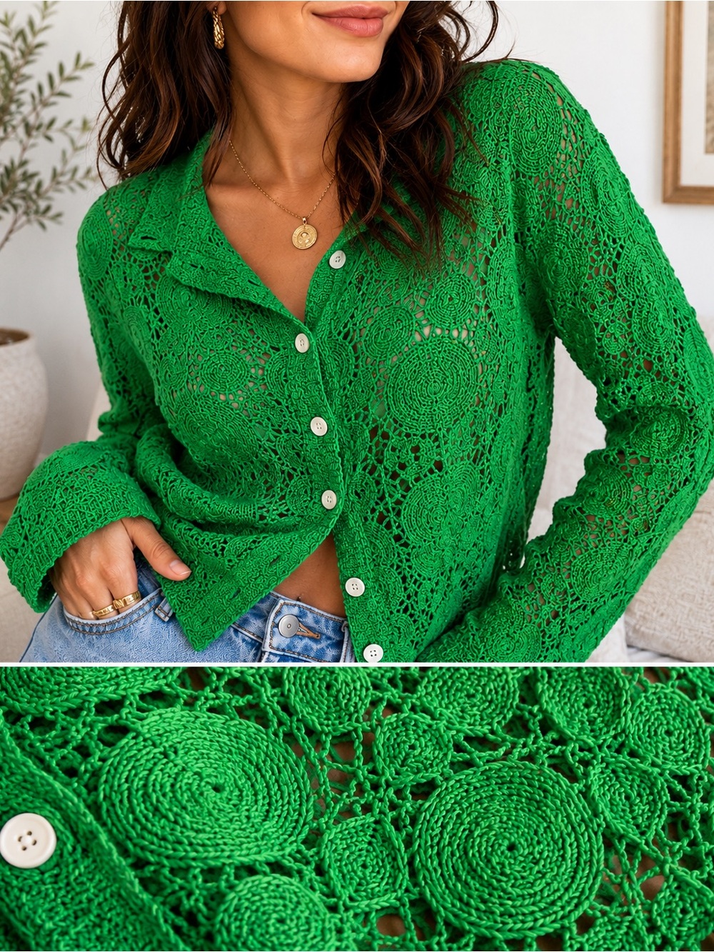 Bright Green Crochet Look Button-Up Cardigan - Picture 2 of 5